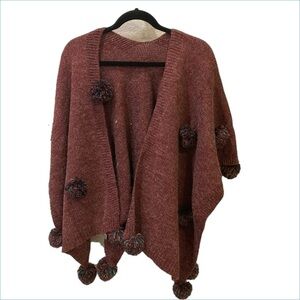 Cozy, boutique  Pom-Pom poncho. Burgundy with mixed color Pom poms  One size.